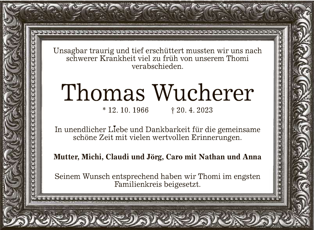  Traueranzeige für Thomas Wucherer vom 13.05.2023 aus Reutlinger General-Anzeiger