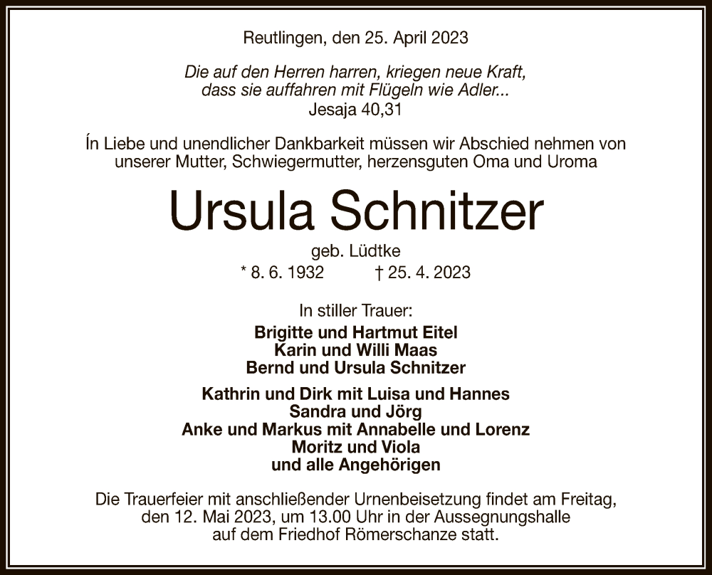  Traueranzeige für Ursula Schnitzer vom 06.05.2023 aus Reutlinger General-Anzeiger