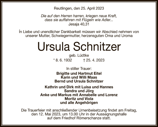 Anzeige von Ursula Schnitzer von Reutlinger General-Anzeiger