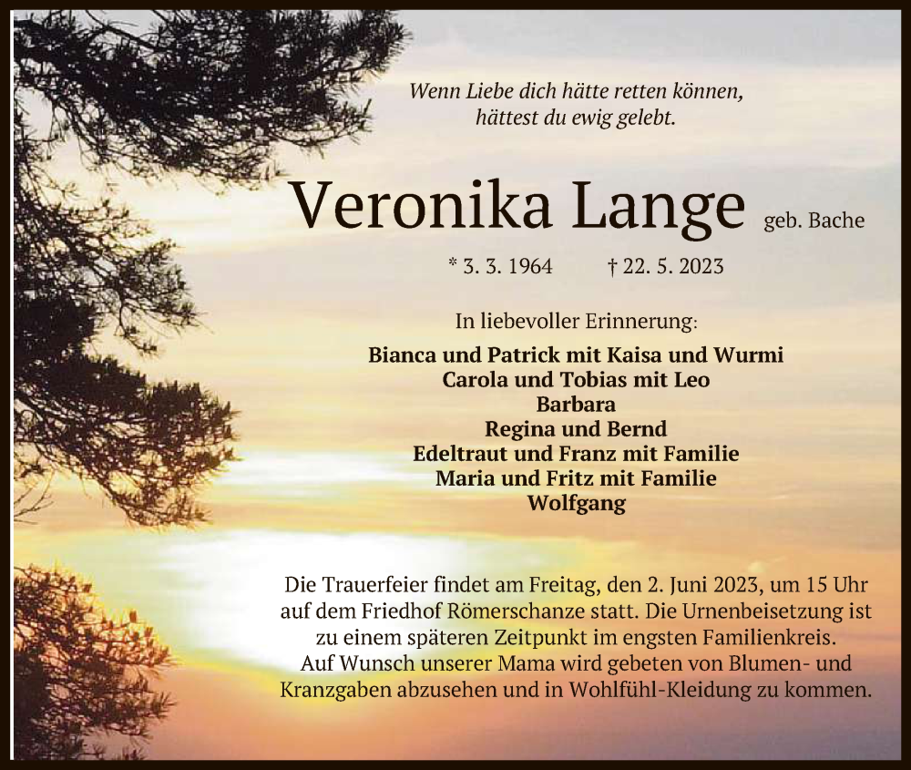  Traueranzeige für Veronika Lange vom 27.05.2023 aus Reutlinger General-Anzeiger