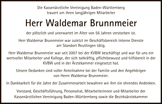Anzeige von Waldemar Brunnmeier von Reutlinger General-Anzeiger