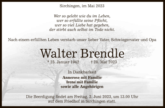 Anzeige von Walter Brendle von Reutlinger General-Anzeiger