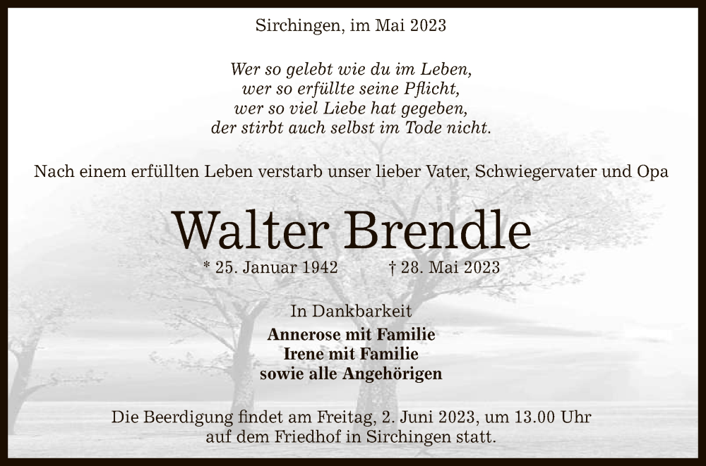  Traueranzeige für Walter Brendle vom 31.05.2023 aus Reutlinger General-Anzeiger