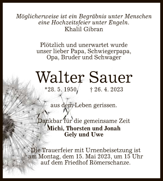 Anzeige von Walter Sauer von Reutlinger General-Anzeiger