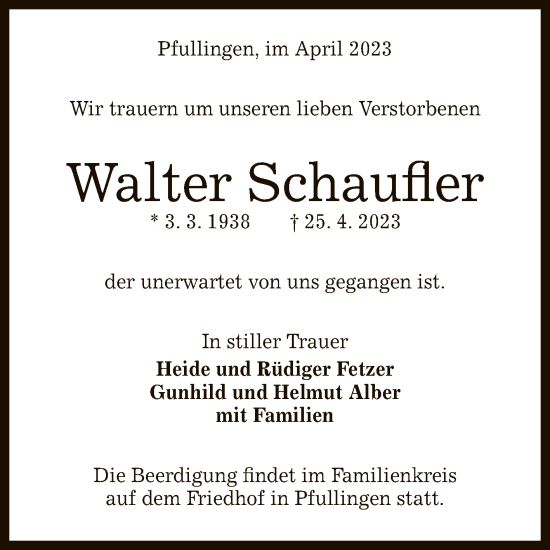 Anzeige von Walter Schaufler von Reutlinger General-Anzeiger