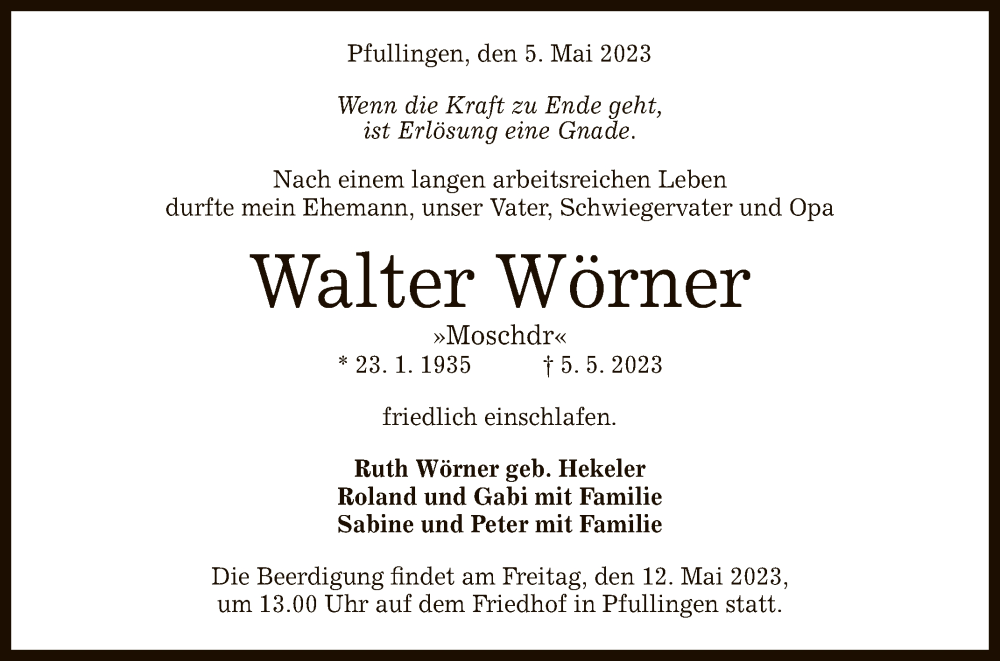  Traueranzeige für Walter Wörner vom 10.05.2023 aus Reutlinger General-Anzeiger
