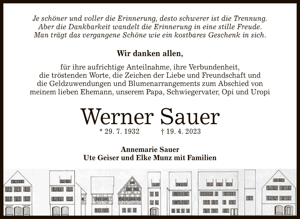  Traueranzeige für Werner Sauer vom 13.05.2023 aus Reutlinger General-Anzeiger