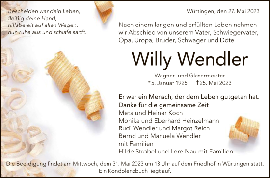 Anzeige von Willy Wendler von Reutlinger General-Anzeiger