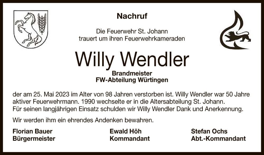  Traueranzeige für Willy Wendler vom 31.05.2023 aus Reutlinger General-Anzeiger
