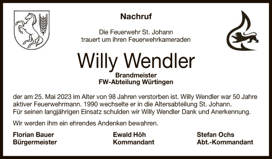 Anzeige von Willy Wendler von Reutlinger General-Anzeiger