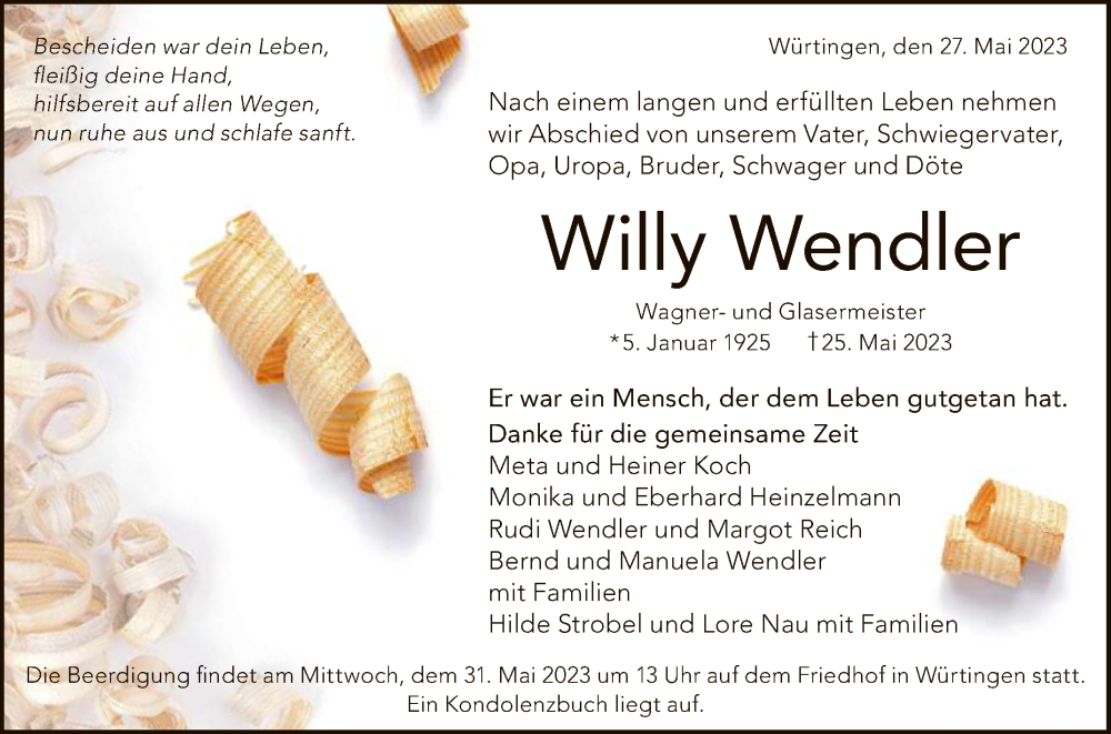  Traueranzeige für Willy Wendler vom 27.05.2023 aus Reutlinger General-Anzeiger