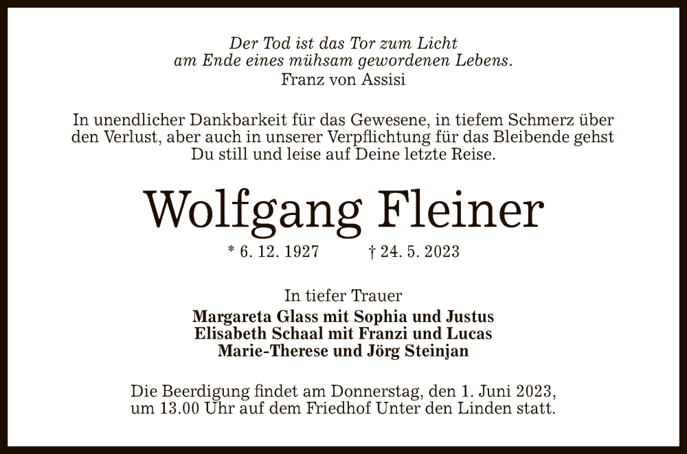  Traueranzeige für Wolfgang Fleiner vom 27.05.2023 aus Reutlinger General-Anzeiger