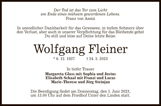 Anzeige von Wolfgang Fleiner von Reutlinger General-Anzeiger