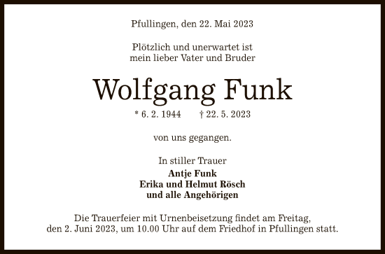 Anzeige von Wolfgang Funk von Reutlinger General-Anzeiger