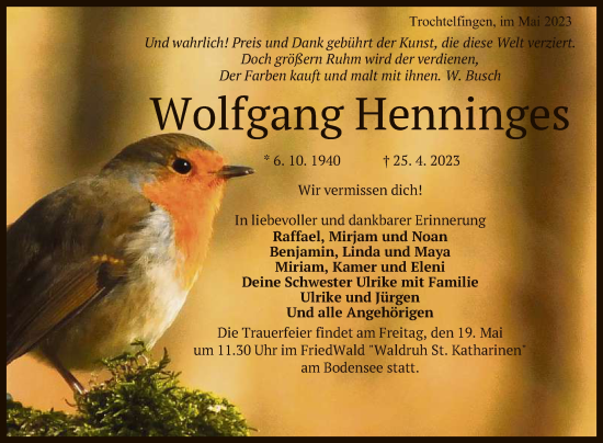 Anzeige von Wolfgang Henninges von Reutlinger General-Anzeiger