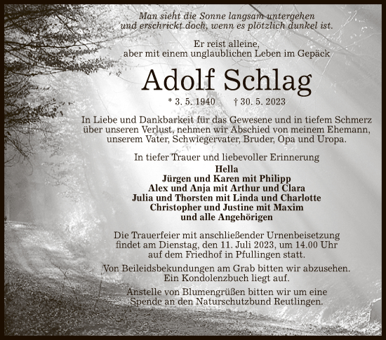 Anzeige von Adolf Schlag von Reutlinger General-Anzeiger