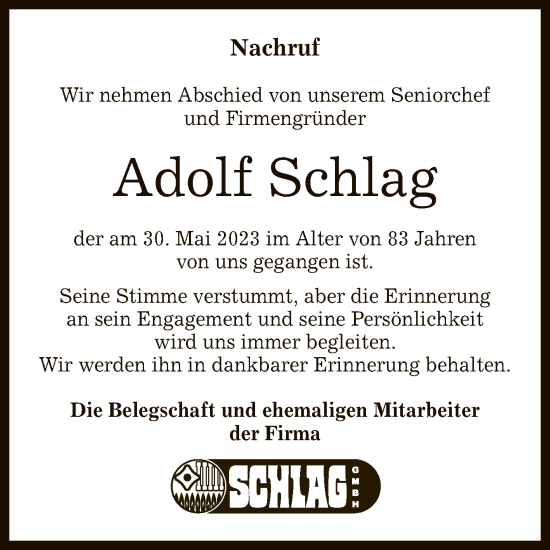 Anzeige von Adolf Schlag von Reutlinger General-Anzeiger