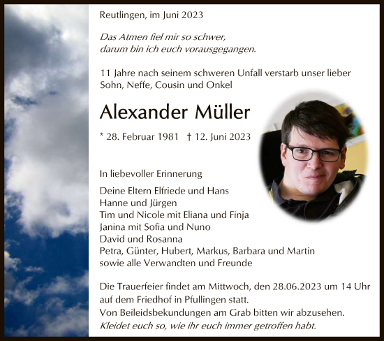 Anzeige von Alexander Müller von Reutlinger General-Anzeiger