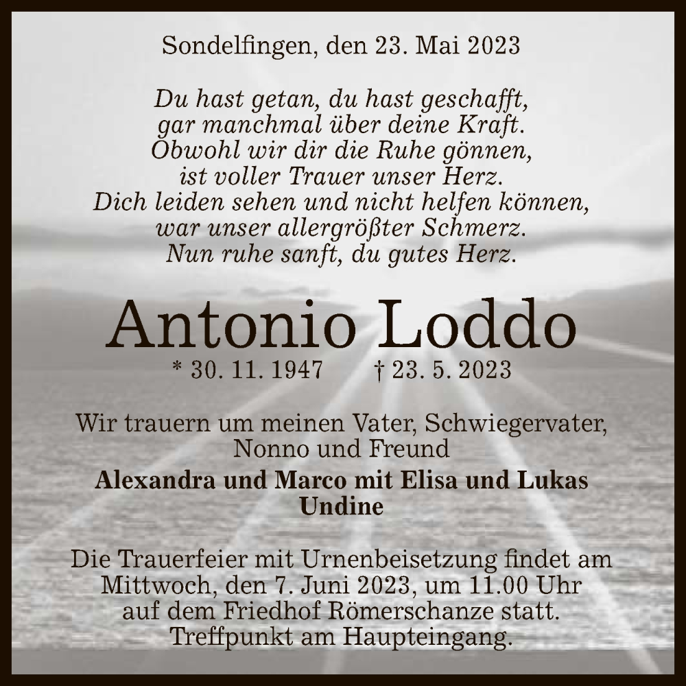  Traueranzeige für Antonio Loddo vom 03.06.2023 aus Reutlinger General-Anzeiger