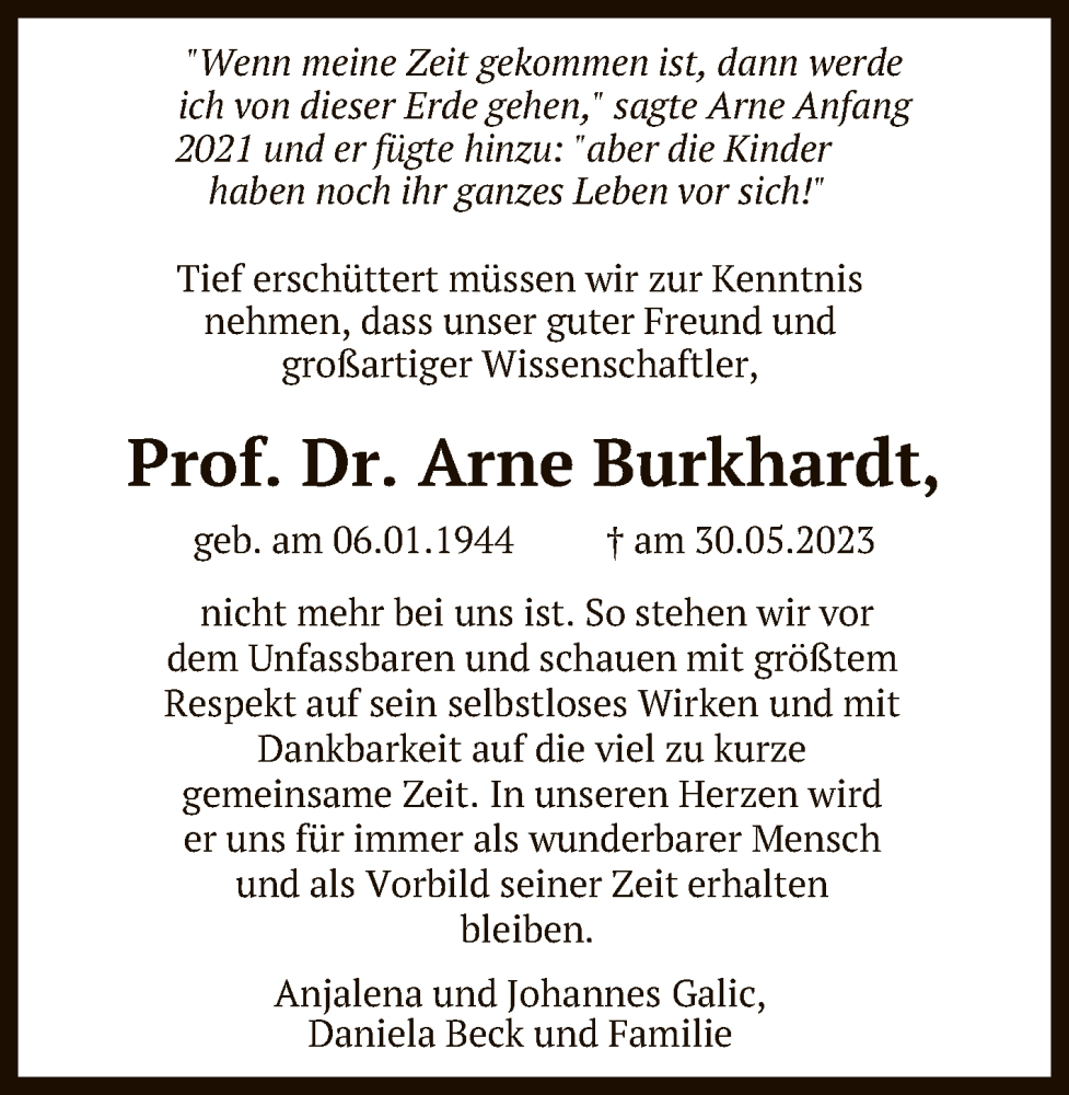  Traueranzeige für Arne Burkhardt vom 17.06.2023 aus Reutlinger General-Anzeiger