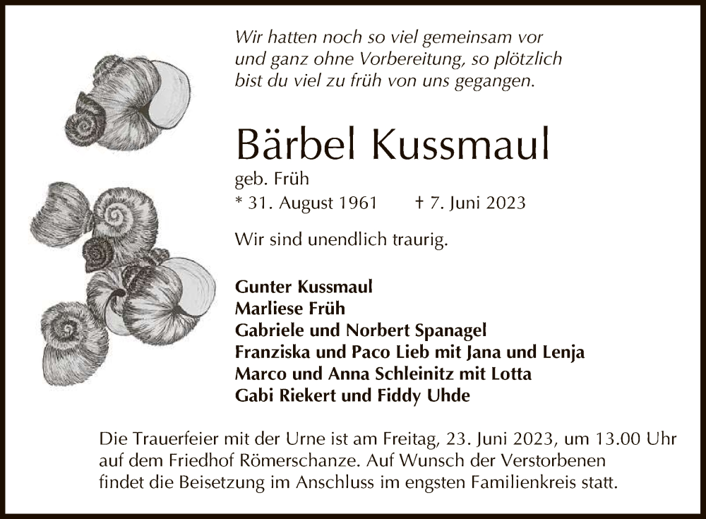  Traueranzeige für Bärbel Kussmaul vom 17.06.2023 aus Reutlinger General-Anzeiger