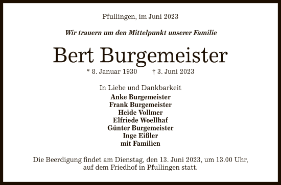 Anzeige von Bert Burgemeister von Reutlinger General-Anzeiger