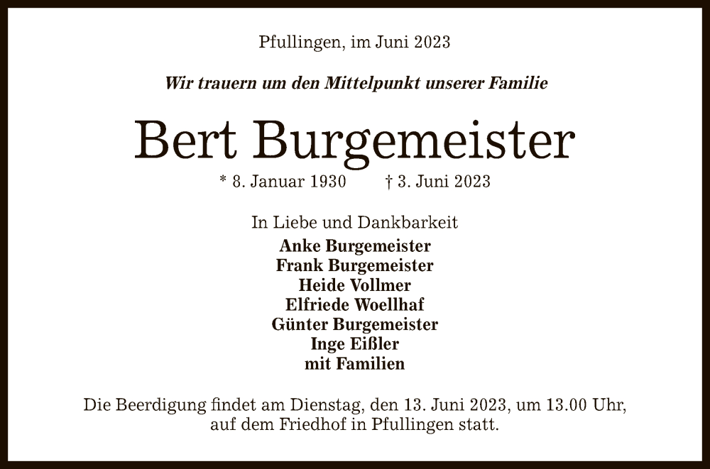  Traueranzeige für Bert Burgemeister vom 07.06.2023 aus Reutlinger General-Anzeiger