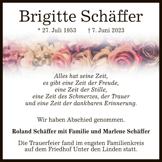 Anzeige von Brigitte Schäffer von Reutlinger General-Anzeiger