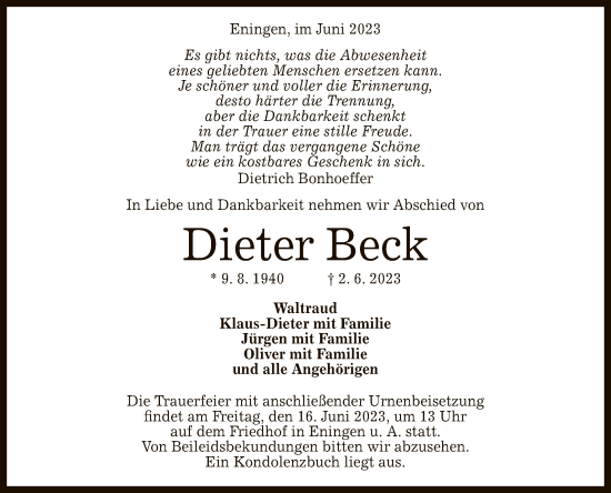 Anzeige von Dieter Beck von Reutlinger General-Anzeiger