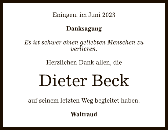 Anzeige von Dieter Beck von Reutlinger General-Anzeiger