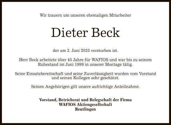Anzeige von Dieter Beck von Reutlinger General-Anzeiger