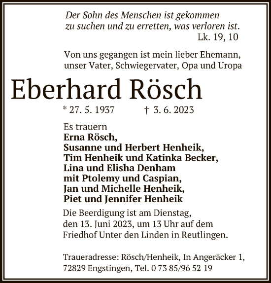 Anzeige von Eberhard Rösch von Reutlinger General-Anzeiger
