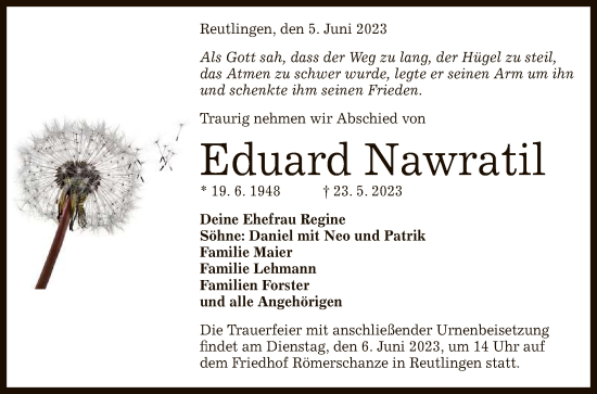 Anzeige von Eduard Nawratil von Reutlinger General-Anzeiger