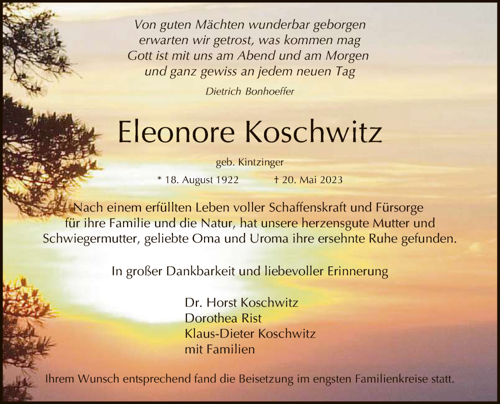  Traueranzeige für Eleonore Koschwitz vom 03.06.2023 aus Reutlinger General-Anzeiger
