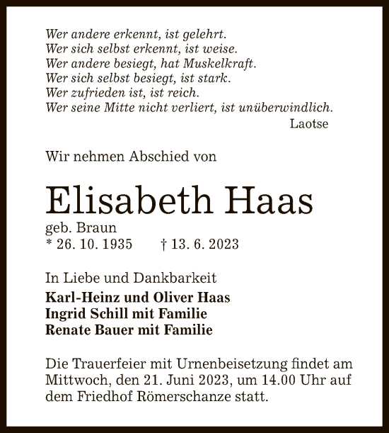 Anzeige von Elisabeth Haas von Reutlinger General-Anzeiger