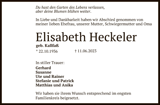 Anzeige von Elisabeth Heckeler von Reutlinger General-Anzeiger