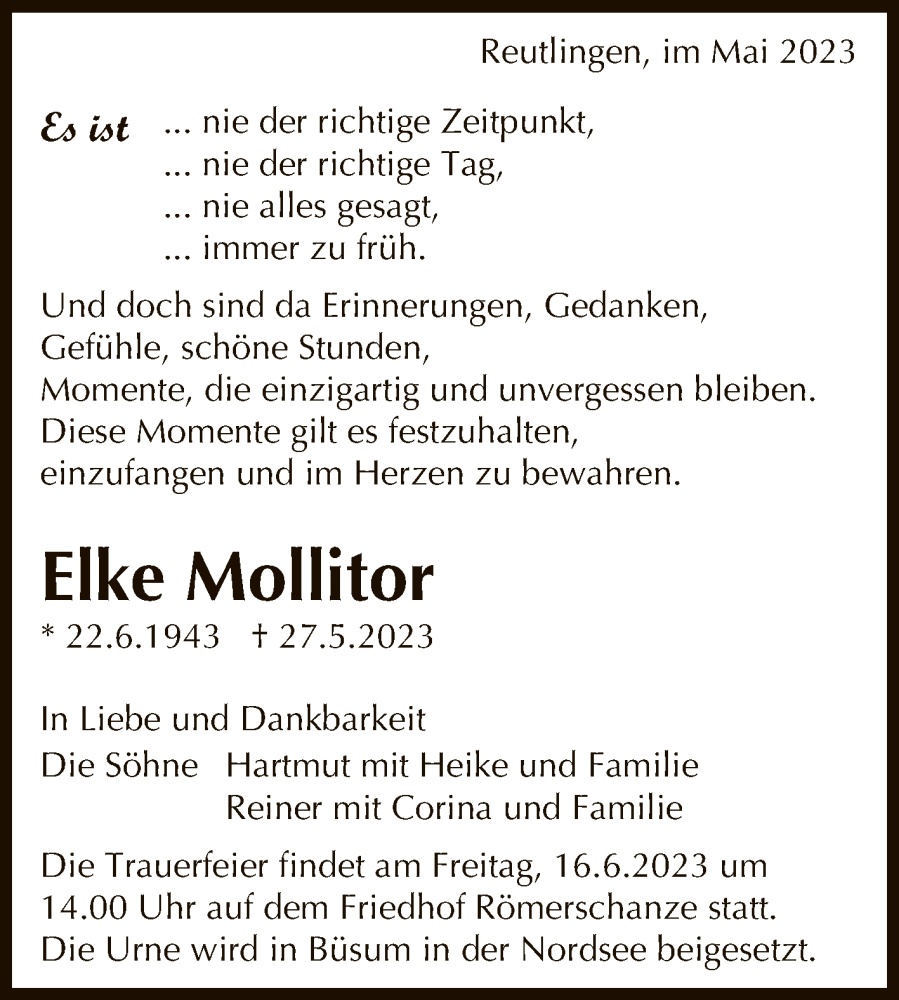  Traueranzeige für Elke Mollitor vom 03.06.2023 aus Reutlinger General-Anzeiger