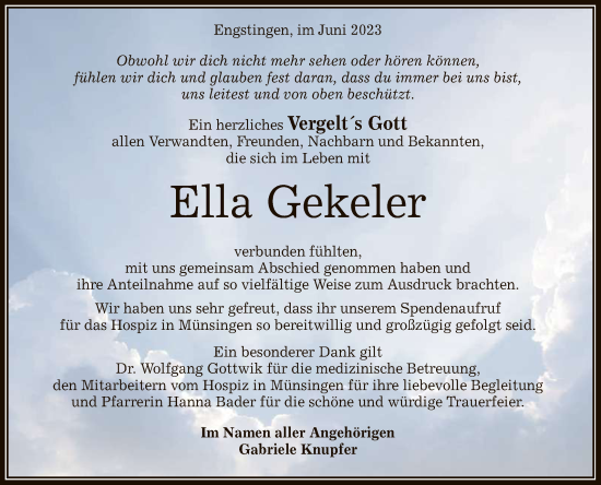 Anzeige von Ella Gekeler von Reutlinger General-Anzeiger