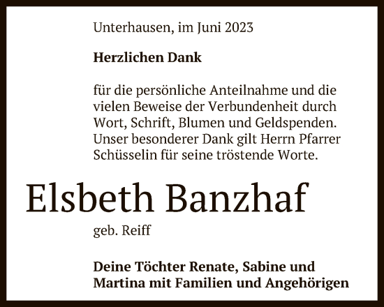 Anzeige von Elsbeth Banzhaf von Reutlinger General-Anzeiger