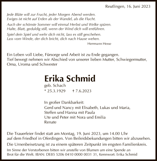 Anzeige von Erika Schmid von Reutlinger General-Anzeiger