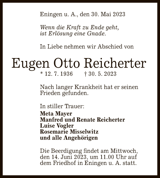 Anzeige von Eugen Otto Reicherter von Reutlinger General-Anzeiger