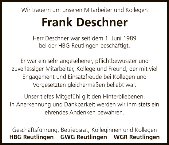 Anzeige von Frank Deschner von Reutlinger General-Anzeiger