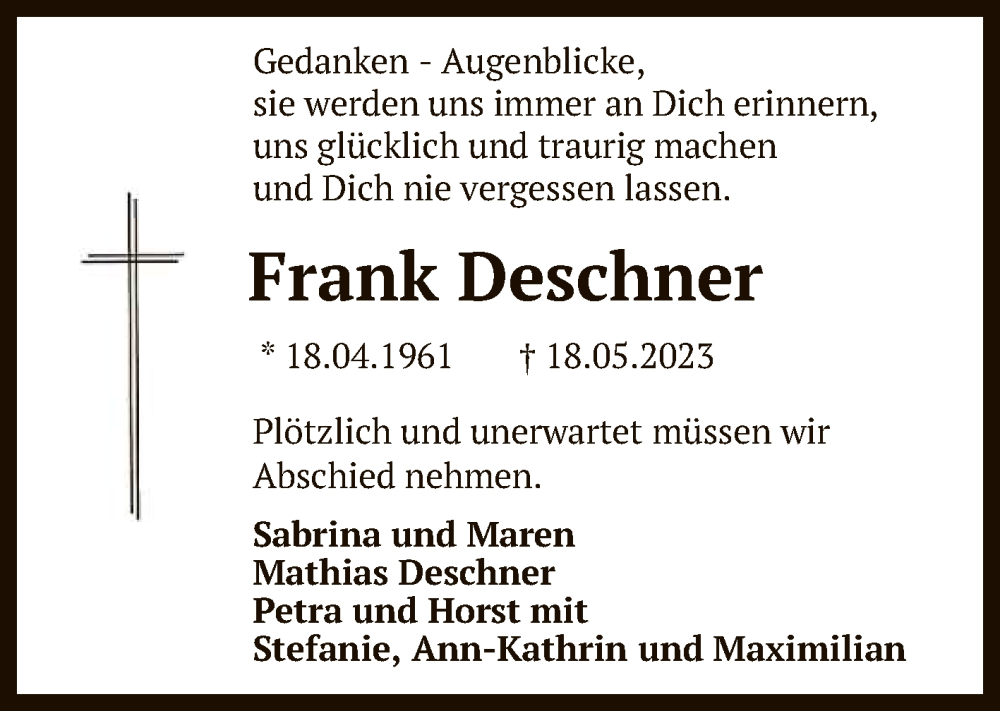  Traueranzeige für Frank Deschner vom 10.06.2023 aus Reutlinger General-Anzeiger