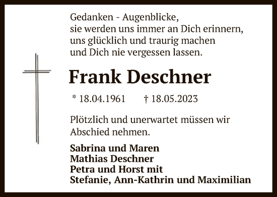 Anzeige von Frank Deschner von Reutlinger General-Anzeiger