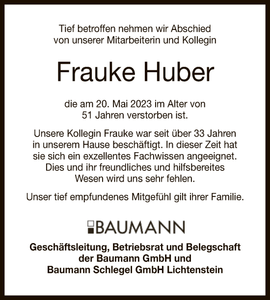 Anzeige von Frauke Huber von Reutlinger General-Anzeiger