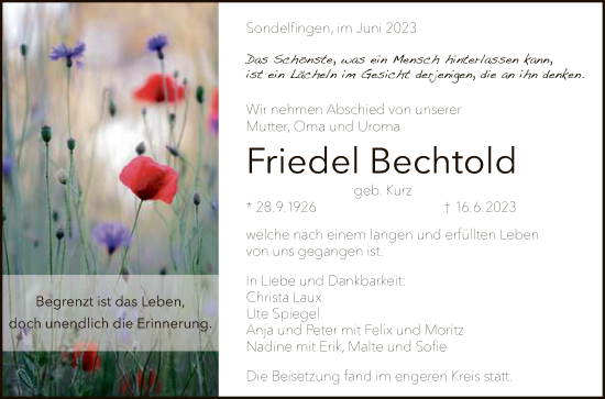Anzeige von Friedel Bechtold von Reutlinger General-Anzeiger