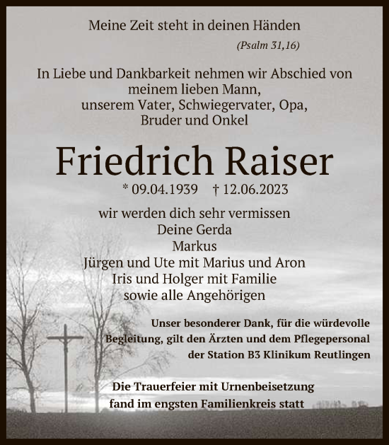 Anzeige von Friedrich Raiser von Reutlinger General-Anzeiger
