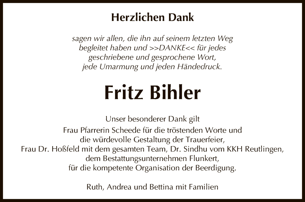  Traueranzeige für Fritz Bihler vom 17.06.2023 aus Reutlinger General-Anzeiger