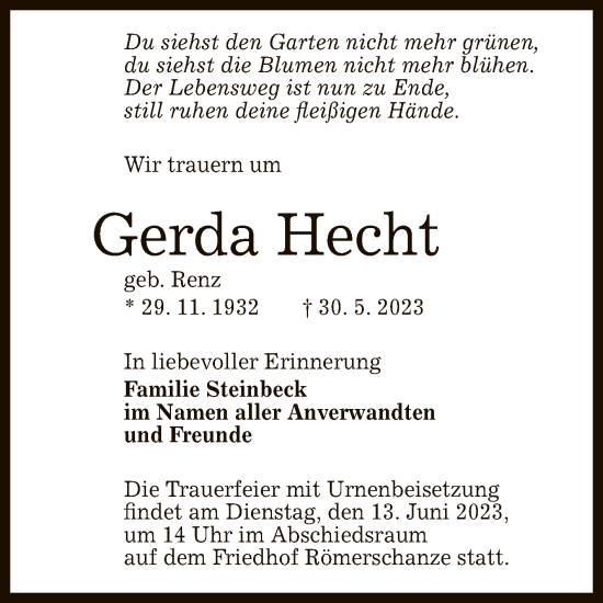 Anzeige von Gerda Hecht von Reutlinger General-Anzeiger