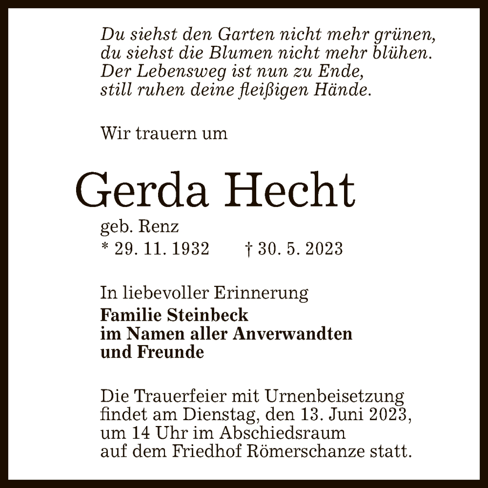  Traueranzeige für Gerda Hecht vom 10.06.2023 aus Reutlinger General-Anzeiger
